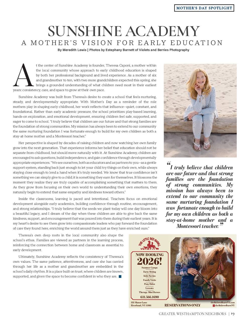 Magazine feature: Sunshine Academy — A Mother's Vision for Early Education, with founder Theresa Caponi
